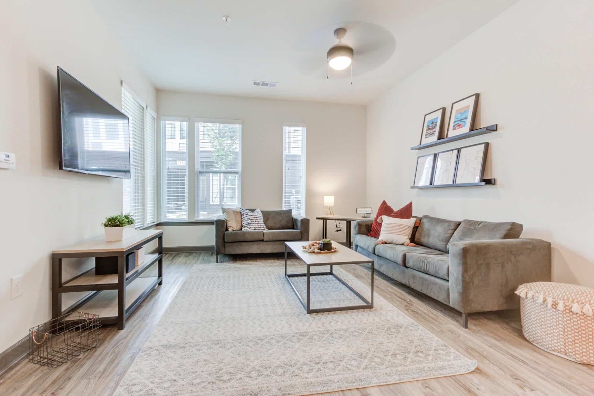 the row at the stadium luxury off campus townhome apartments near university of south carolina furnished living room with 55 inch smart tv